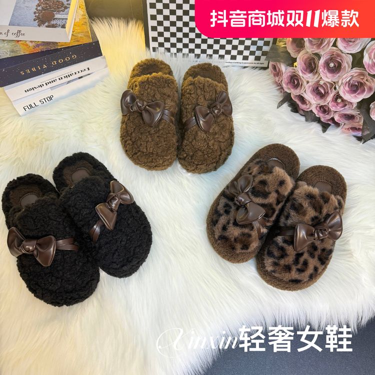 豹纹厚底增高毛毛棉鞋女外穿2024新款冬季时尚百搭毛茸茸加绒棉拖主图
