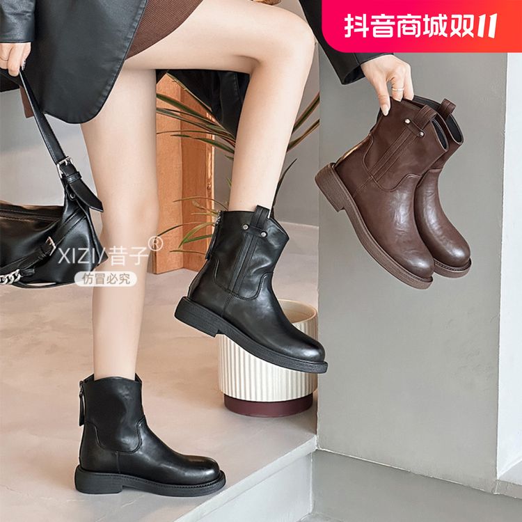 xizi/昔子661-2粗跟秋季马丁靴时尚加绒百搭秋冬冬季圆头瘦瘦靴主图