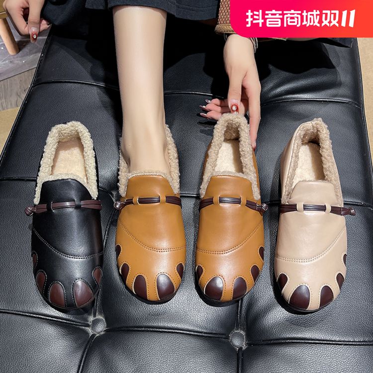 一脚蹬冬季时尚妈妈鞋女款皮面加绒加厚保暖东北棉鞋五指豆豆主图