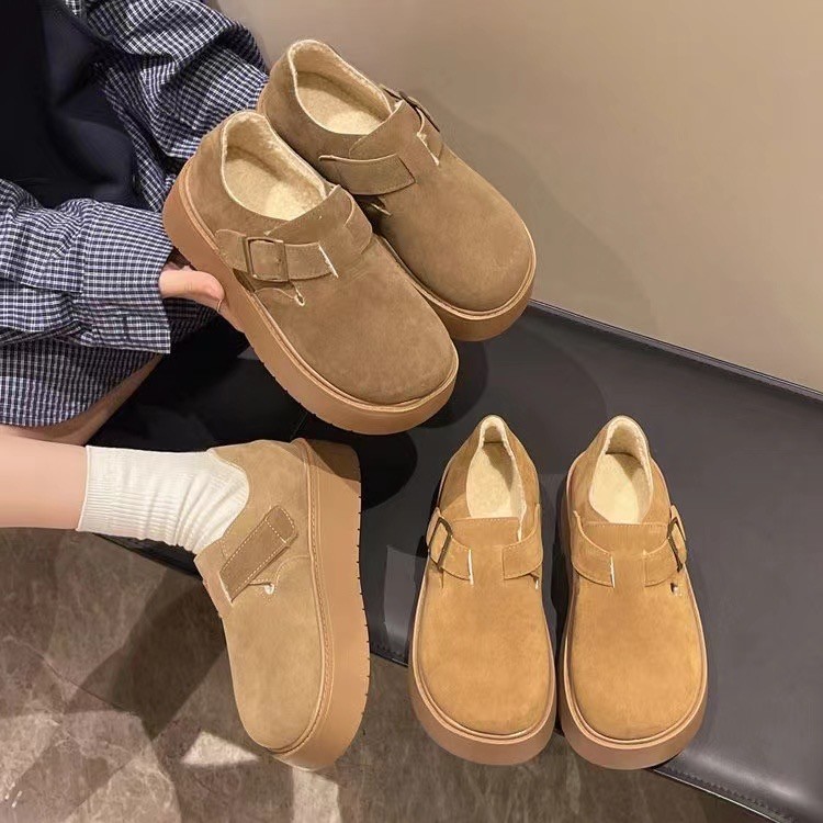 牛皮勃肯鞋女冬季加绒保暖厚底乐福鞋一脚蹬毛毛鞋棉鞋板鞋901主图