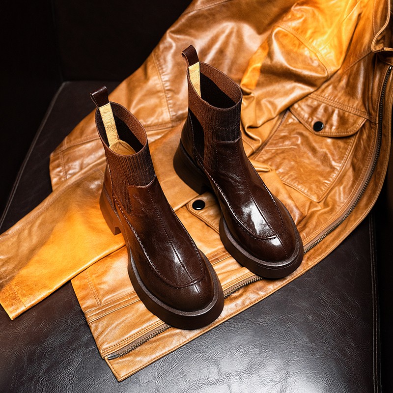 【牛皮仙】跟高4cm/鞋码34-42/秋冬季新款真皮短靴女厚底切尔西靴主图