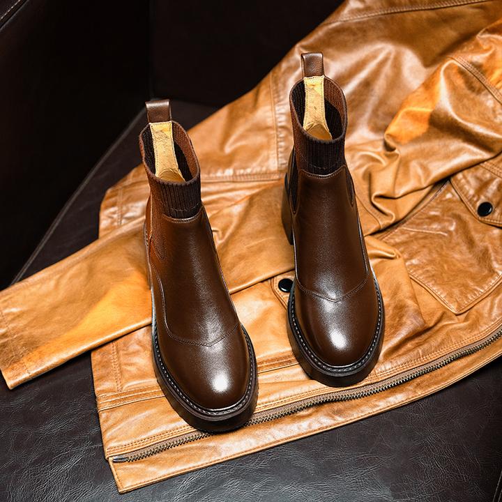 【牛皮仙】跟高6cm/鞋码34-42/秋冬季新款真皮短靴女粗跟切尔西靴子主图