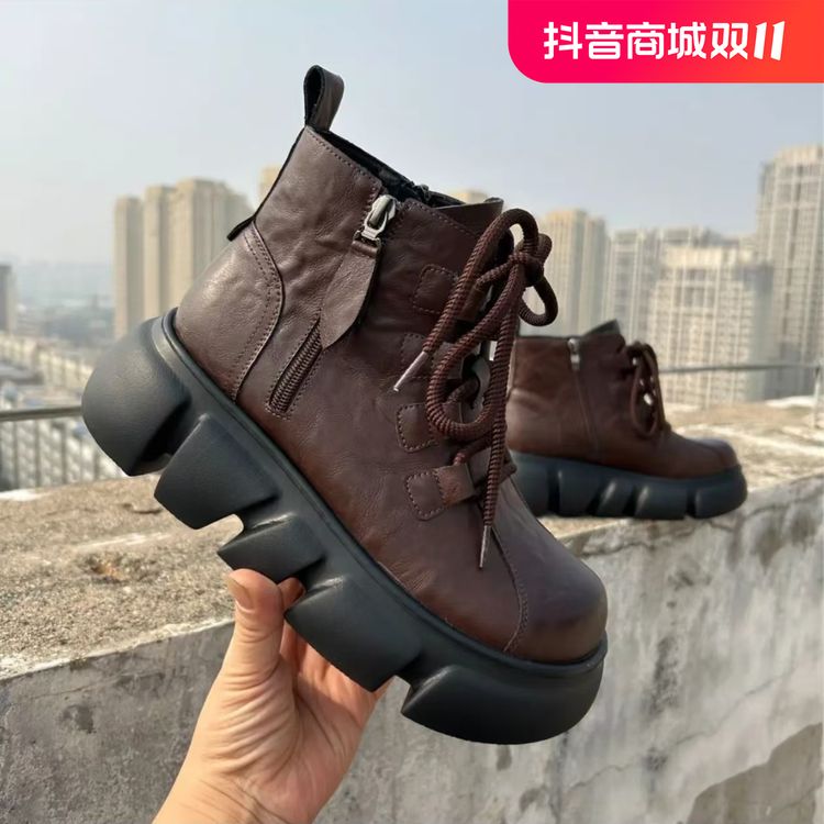 绵羊毛手抓纹坡跟时尚百搭厚底秋冬复古圆头休闲松糕底松糕底系带主图