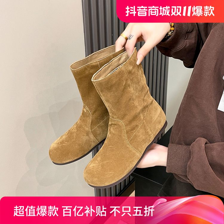 韩版复古磨砂软面短靴女2024秋冬新款时尚百搭平底绒皮勃肯瘦瘦靴主图