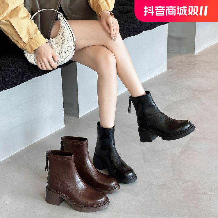 昔子3033马丁靴瘦瘦靴短靴秋冬新款女鞋后拉链中跟百搭粗跟厚底主图