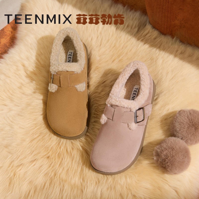 【百丽集团专场】天美意牛皮一脚蹬保暖棉鞋雪地靴女勃肯鞋KMZ05DM4主图