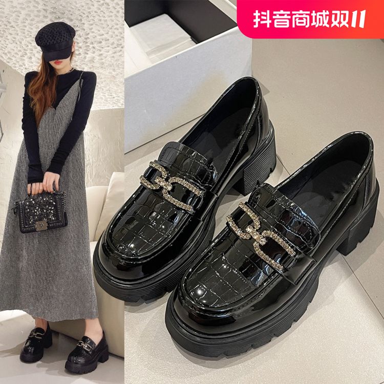 真皮黑色厚底单鞋圆头小皮鞋女穿搭2024春季新款增高水钻乐福鞋女主图