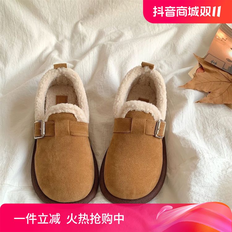 勃肯加绒软底冬季新款复古脚蹬豆豆防滑保暖毛毛棉鞋雪地靴薄底子主图