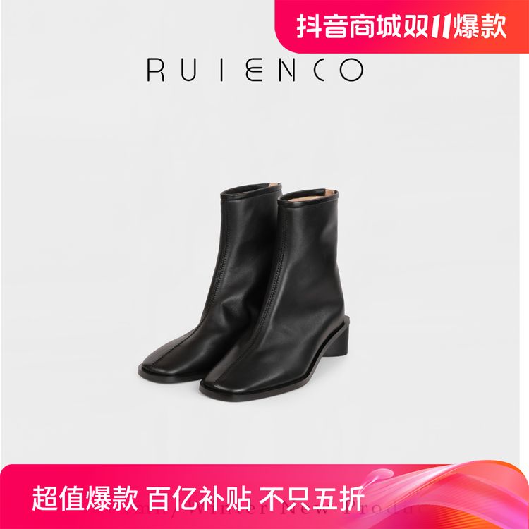 RuienCo.法式及简风短靴 弹力混种羊皮舒适百搭中跟粗跟中筒裸靴主图