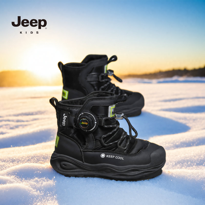 jeep儿童雪地靴男童冬季黑色地钉防滑棉靴加绒加厚保暖雪地大棉鞋主图
