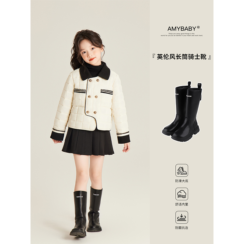 Amybaby女童鞋子冬季2024新款英伦风长筒黑色平底骑士靴主图