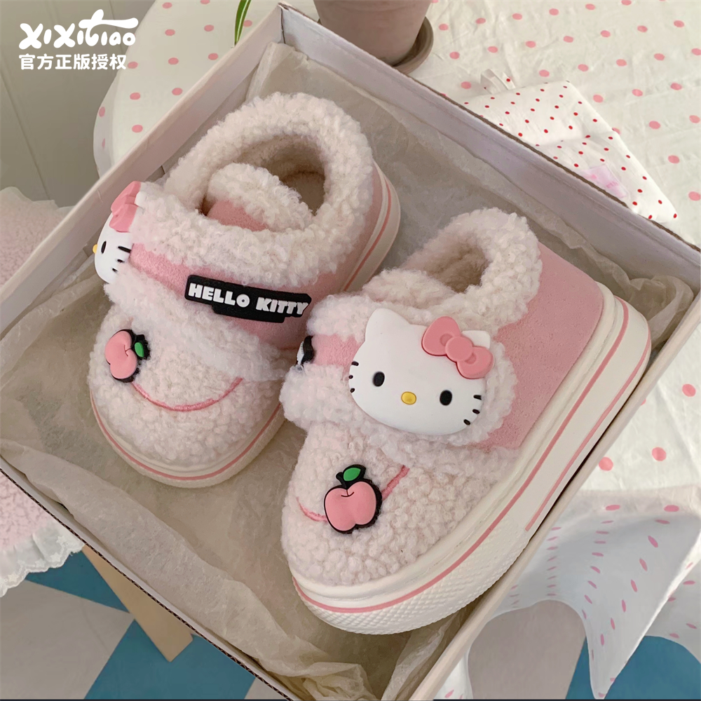 细细条 hellokitty儿童加绒豆豆鞋女童可爱魔术贴毛毛面包棉鞋冬主图