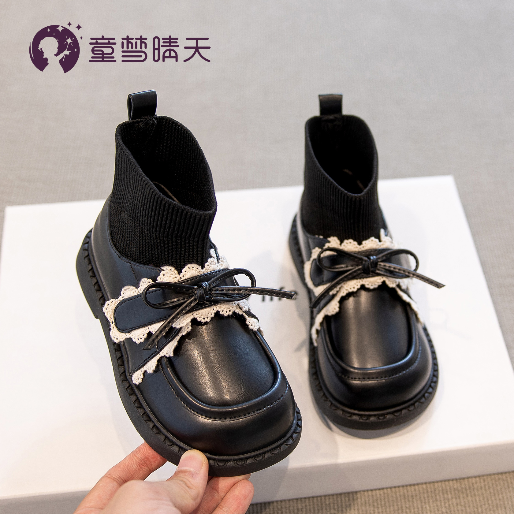 女童靴子黑色袜靴2024新款秋冬儿童小短靴秋季女孩公主靴软底皮鞋主图