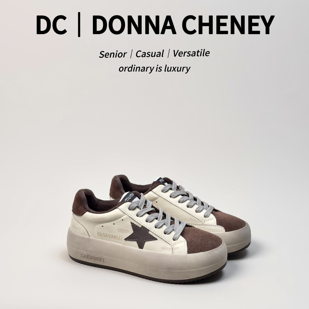 DONNA CHENEY加绒星星小白2024秋冬真皮百搭擦色做旧厚底板鞋主图