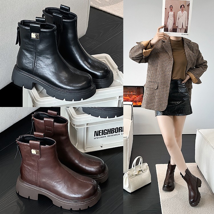 8506-23厚底真皮马丁靴女2024秋冬季新款加绒瘦瘦弹力靴复古短靴主图