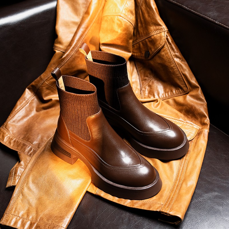 【牛皮仙】跟高4cm/鞋码34-42/秋冬季新款真皮短靴女厚底切尔西靴主图