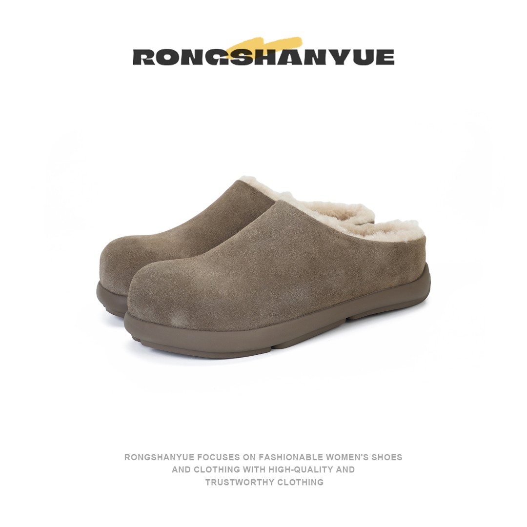 Rongshanyue高丝光牛反绒勃肯鞋秋冬保暖包头毛毛拖鞋女B1061主图