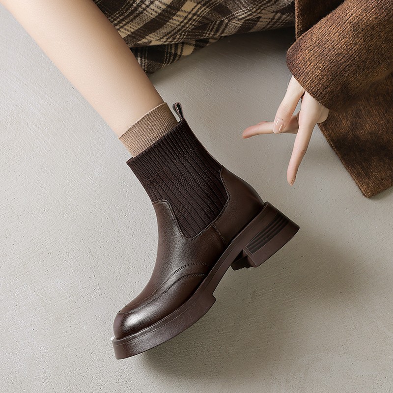 【NICESEE】5cm,秋冬新款真皮厚底短靴女切尔西百搭中跟显瘦皮靴主图