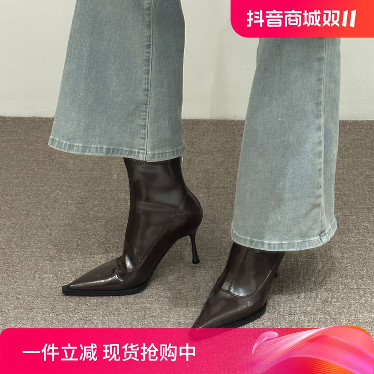 2024秋冬新品瘦瘦靴~细跟高跟尖头气质软皮后拉链韩版百搭短筒靴主图
