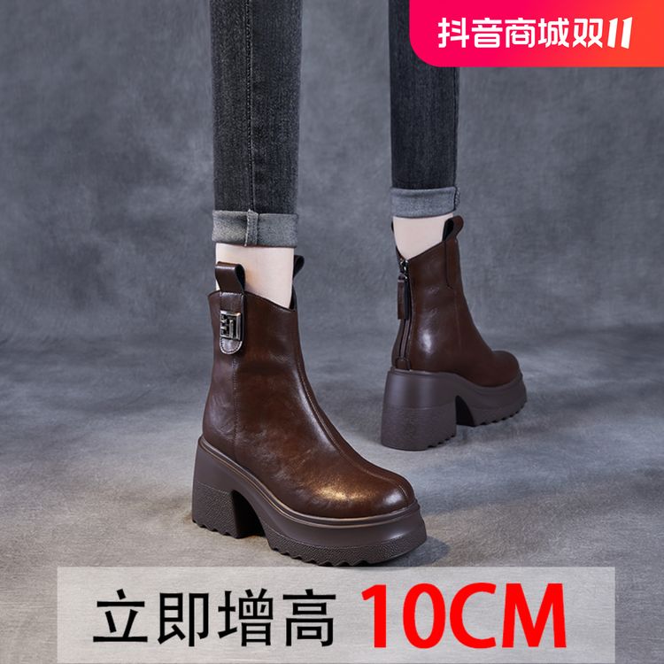 复古马丁靴女秋冬粗跟显瘦厚底短靴真皮百搭英伦风时尚高跟靴子主图