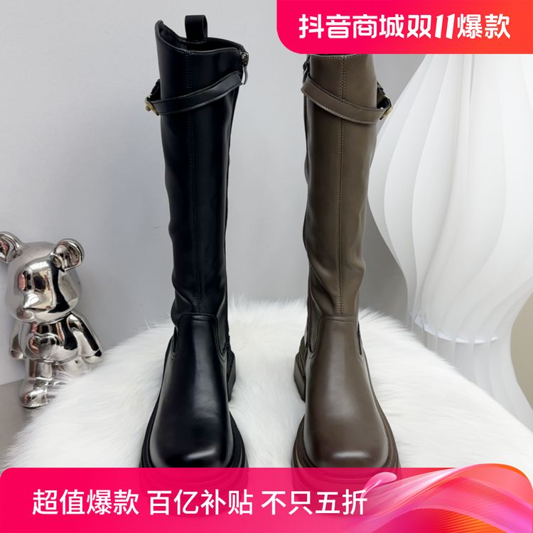 胖mm加肥加宽厚底高筒靴女英伦风侧拉链加绒骑士靴女弹力长靴冬季主图