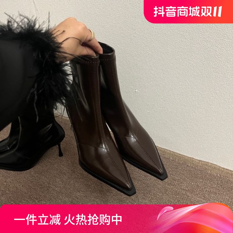 2024秋冬新品瘦瘦靴~细跟高跟尖头气质软皮后拉链韩版百搭款短靴主图