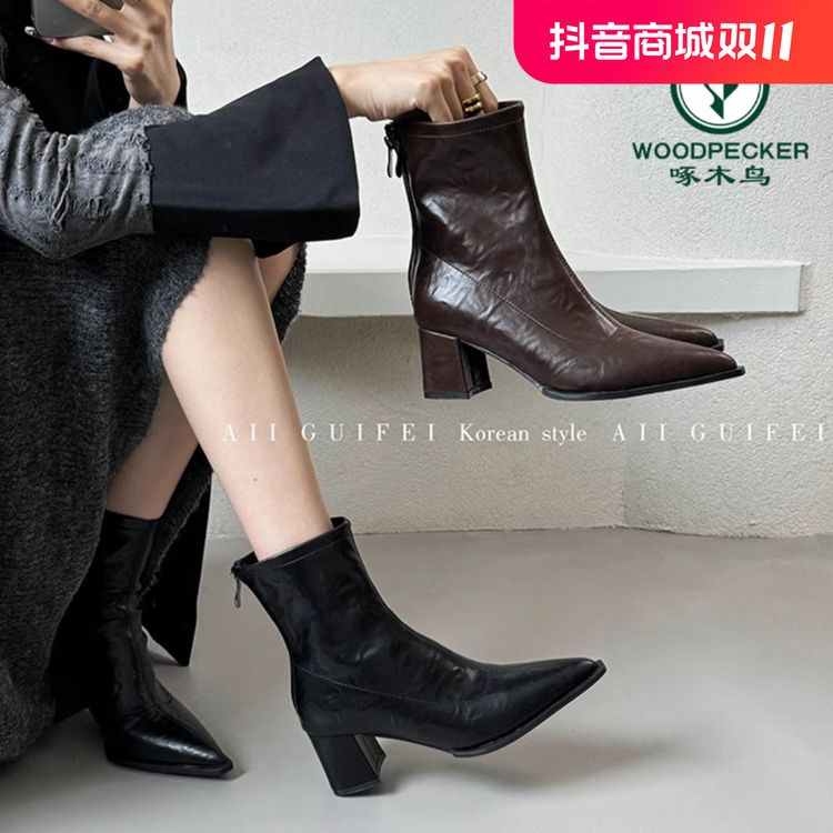 啄木鸟尖头靴子短靴女2024新款秋冬季女靴瘦瘦靴设计感粗跟短筒靴主图