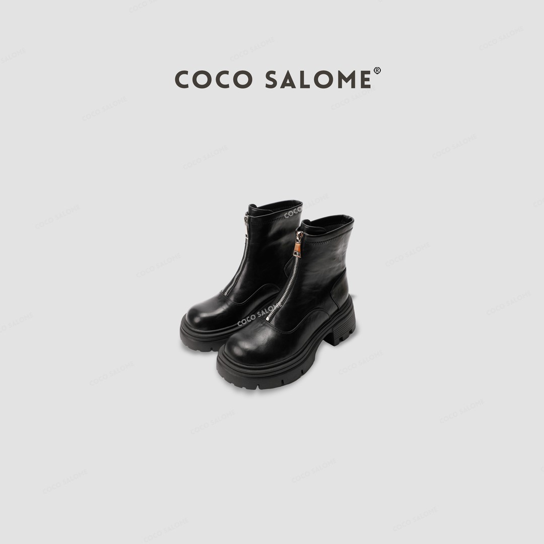 COCOSALOME 厚底增高马丁靴粗跟骑士高跟短靴 跟高7cm 9588主图