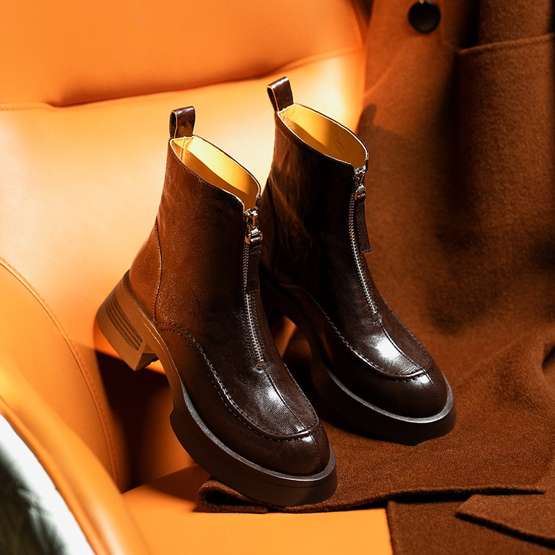 【牛皮仙】跟高4cm/鞋码34-42/秋冬季新款真皮短靴女厚底前拉链靴子主图