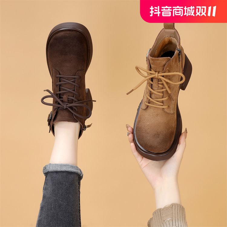 低帮工装复古加绒加厚马丁靴女2024秋冬新款时尚侧拉链磨砂皮短靴主图