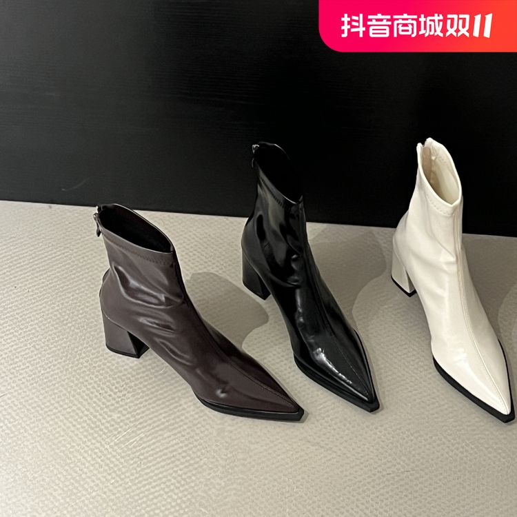 慢西西新品~2024秋冬尖头粗跟软皮瘦瘦靴后拉链马丁靴女短靴中跟主图