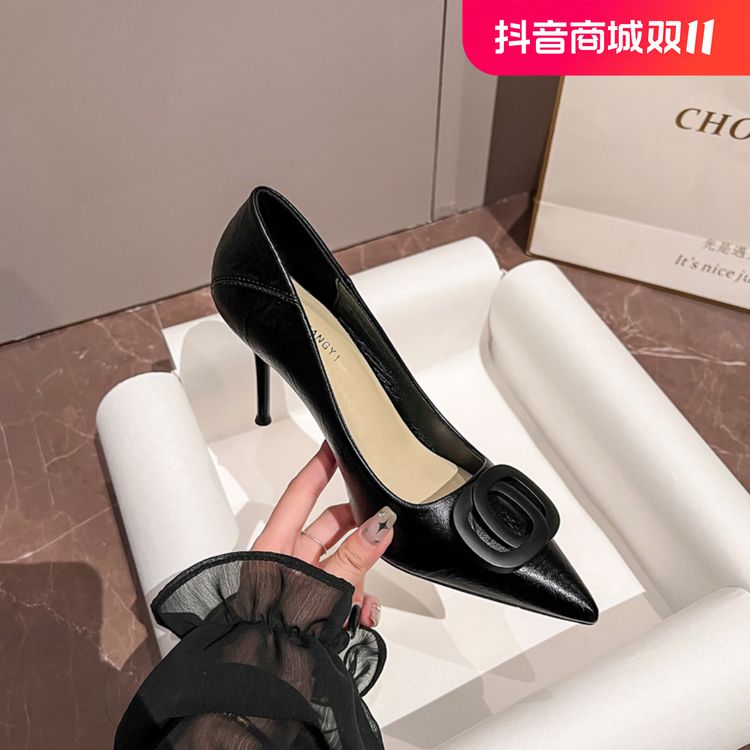 软皮尖头高跟鞋2024秋季新款舒适百搭职业工作黑色性感女单鞋细跟主图