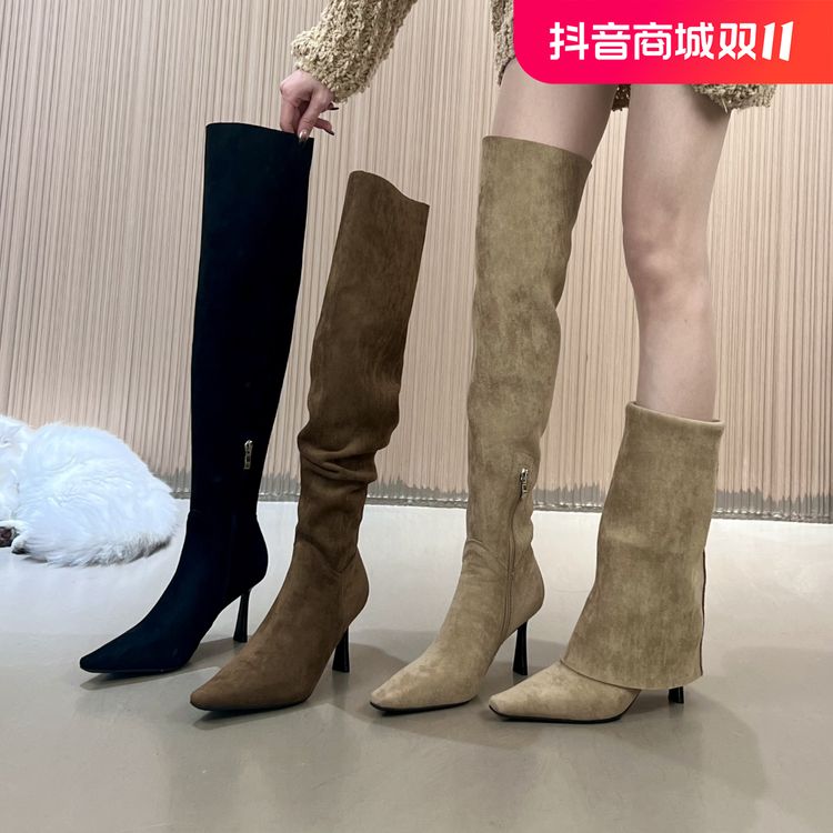 一靴多穿~弹力绒高跟瘦瘦靴过膝长筒靴女尖头粗跟法式弹力靴短靴主图