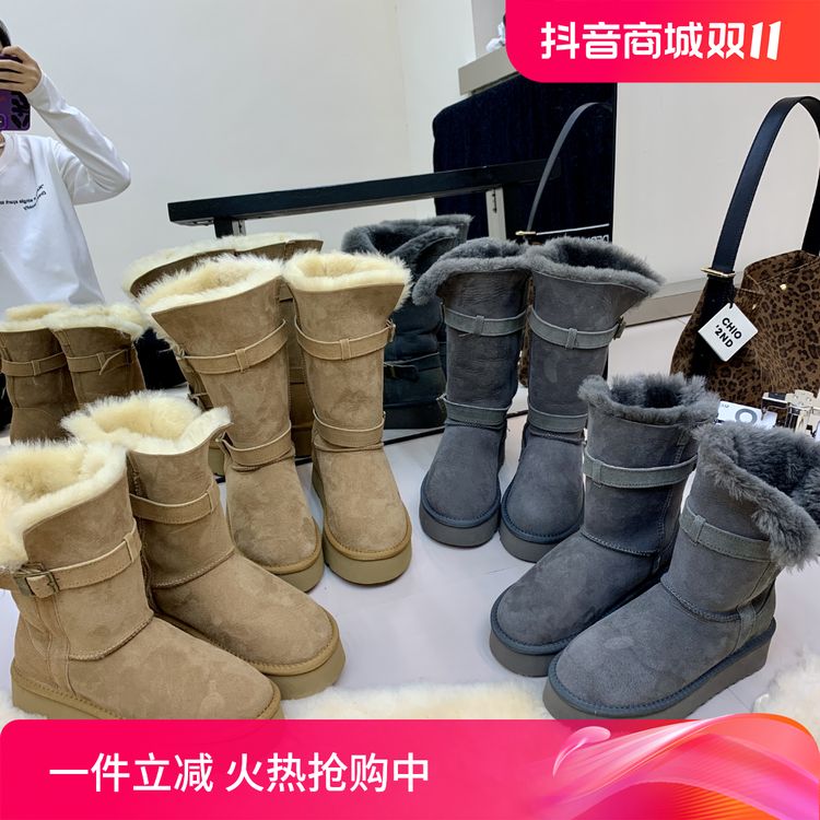 羊皮毛一体雪地靴冬季新款时尚骑士靴卡扣两穿厚底中筒靴增高保暖主图