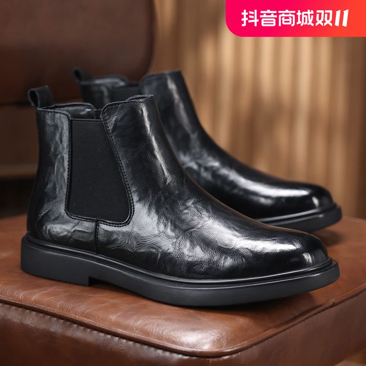 切尔西靴男舒适时尚休闲百搭圆头短靴高帮真皮复古英伦风保暖搭子主图