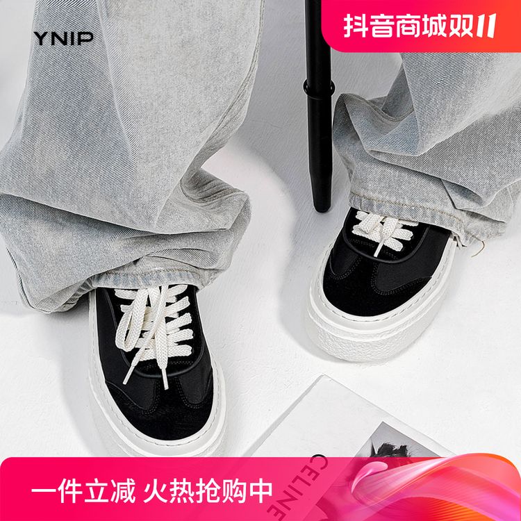 YNIP新款板鞋休闲鞋牛反绒透气潮鞋黑白色男鞋百搭鞋子低帮系带主图