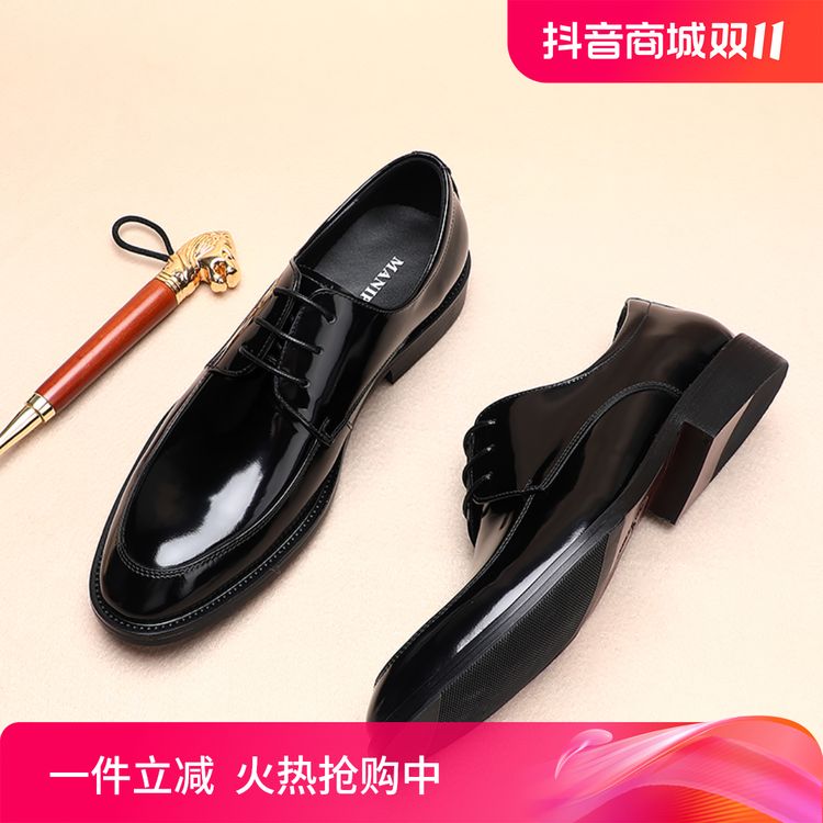 手工真皮英伦商务正装系带小圆头婚鞋黑色舒适时尚百搭休闲男皮鞋主图