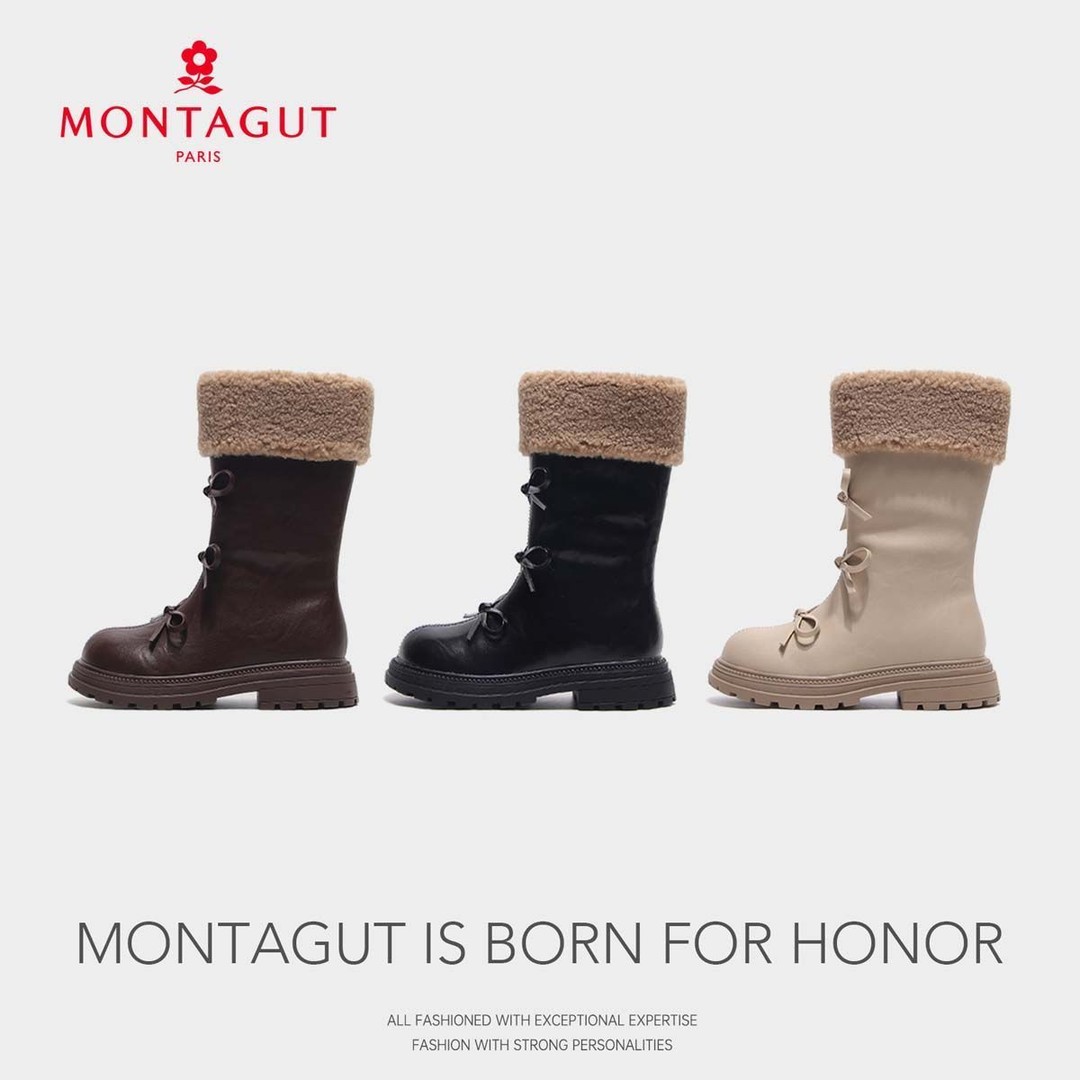 Montagut梦特娇女童高筒靴2024冬季新款长筒皮靴加绒靴BGF9915主图