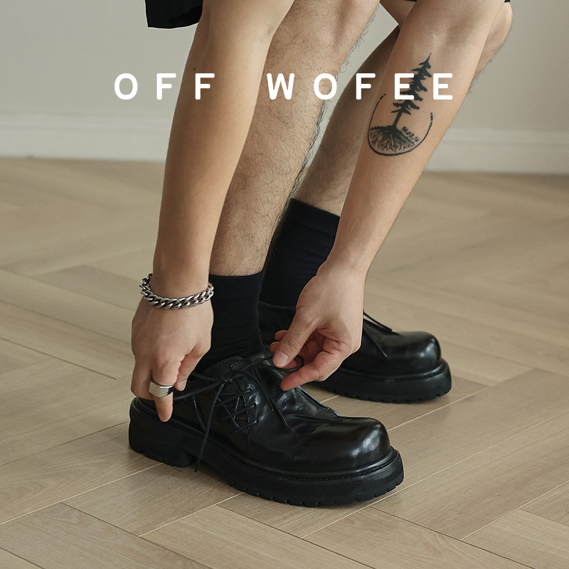 OFFWOFEE马皮褶皱德比鞋真皮黑色增高厚底翘头皮鞋通勤男女潮鞋主图