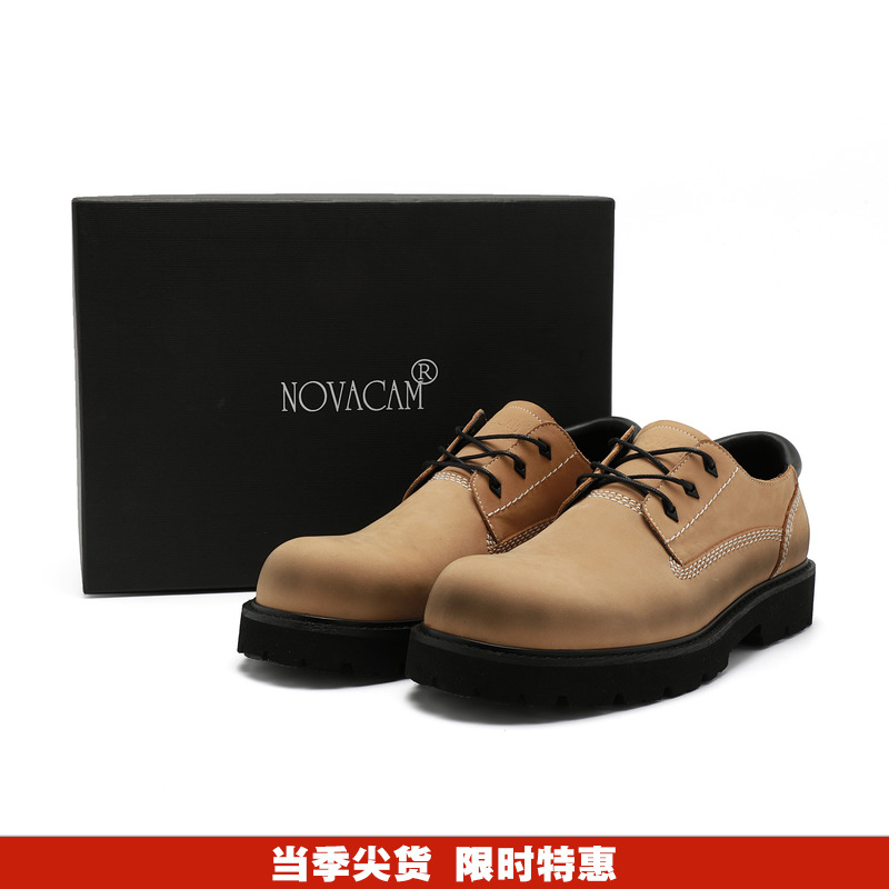 NOVACAM 手工擦色做旧头层牛皮米奇圆头德比皮鞋低帮增高大黄靴主图