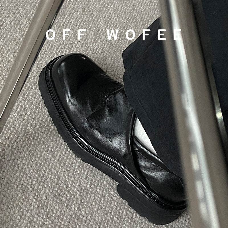 OFFWOFEE水洗马皮圆头乐福德比鞋增高厚底搭扣拼接皮鞋通勤男女鞋主图