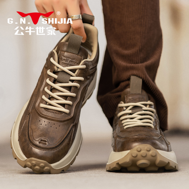 公牛世家男鞋加绒棉鞋秋冬真皮防水皮面休闲运动鞋增高厚底老爹鞋主图