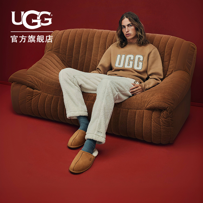 UGG秋季男士休闲舒适平底纯色家居外穿时尚包头拖毛毛拖鞋1101111主图