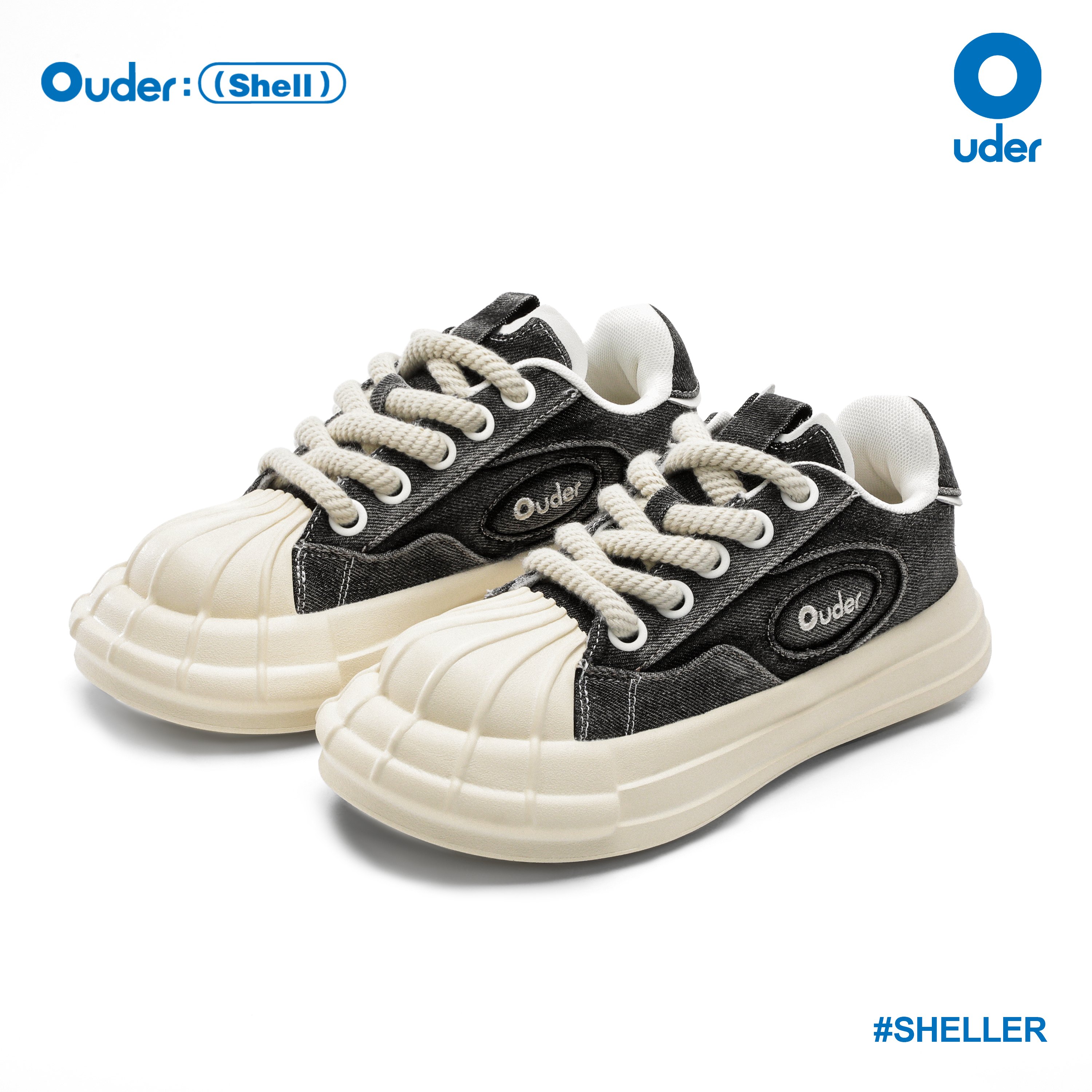 Ouder sheller贝壳头帆布鞋 增高厚底黑白色板鞋丑萌牛仔黑大头鞋主图