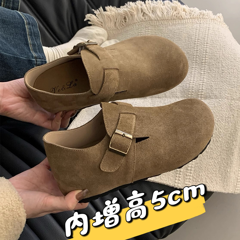 小个子内增高5CM~牛皮真皮勃肯鞋女秋冬新款厚底乐福丑萌博肯单鞋主图