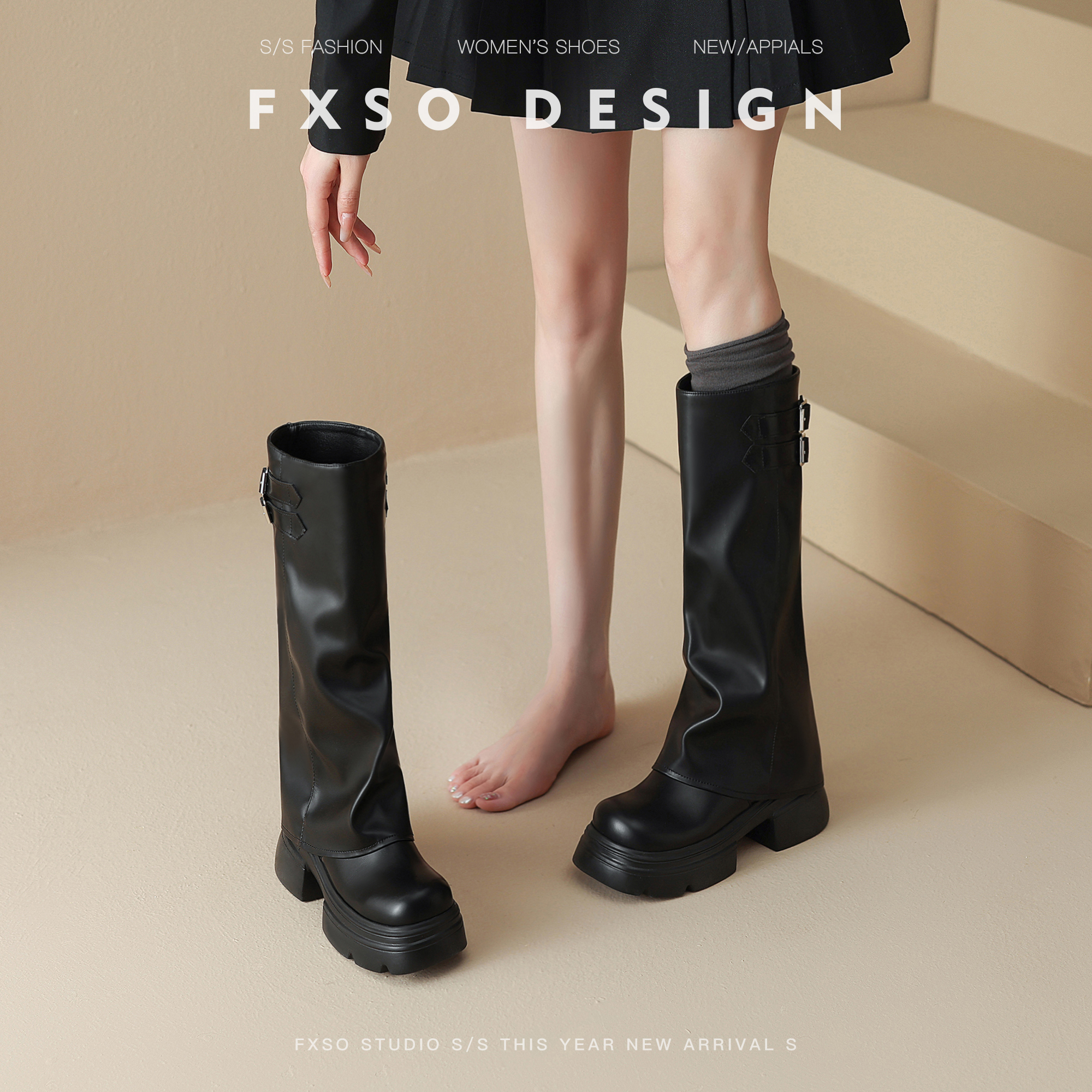 真皮FXSO方巷长筒靴裤管靴子2024秋冬新款黑色宽松高筒粗跟长靴女主图