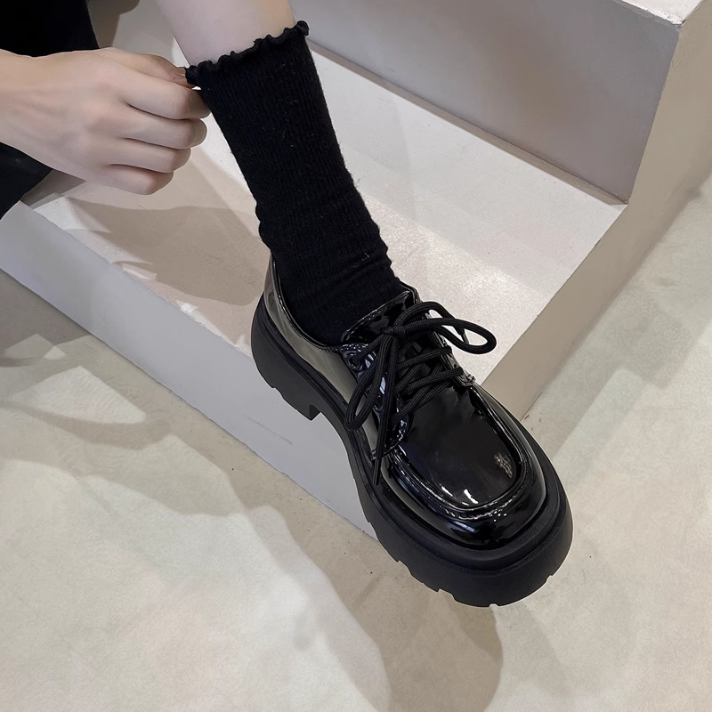英伦风小皮鞋女2024新款厚底黑色松糕鞋主图