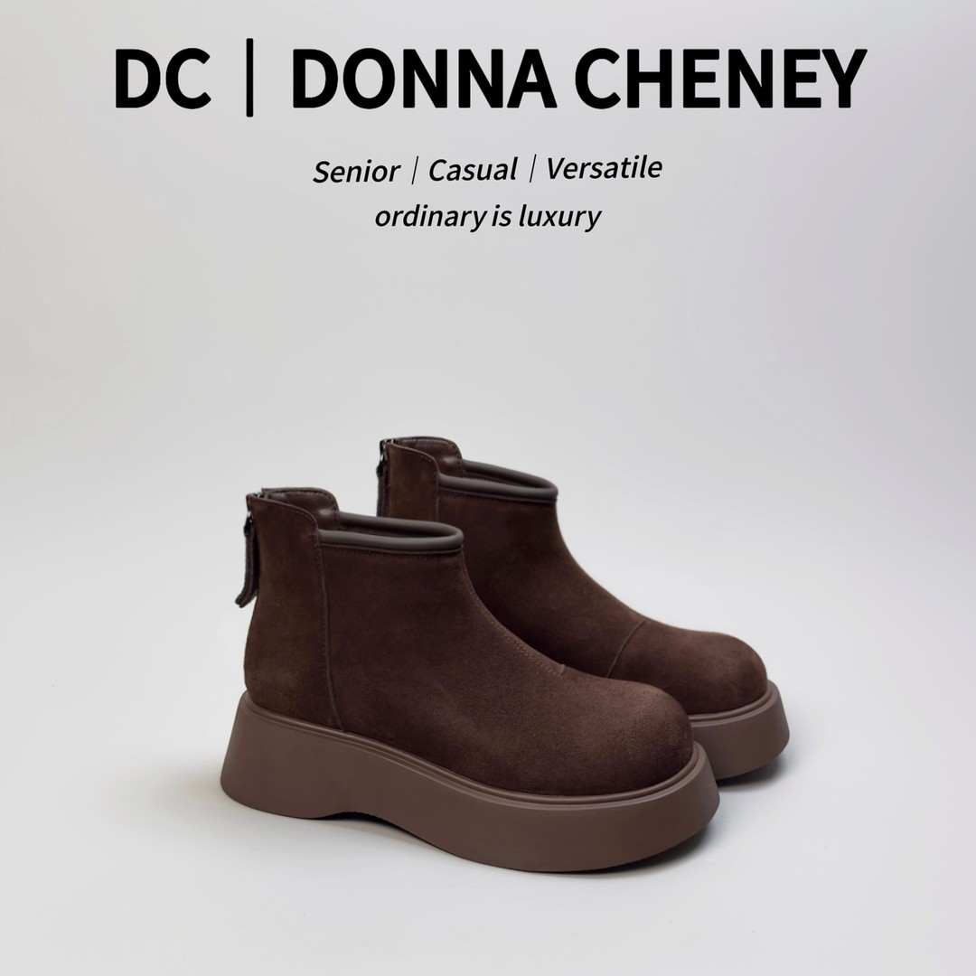 DONNA CHENEY2024冬季复古百搭加绒厚底圆头学院风切尔西短靴主图