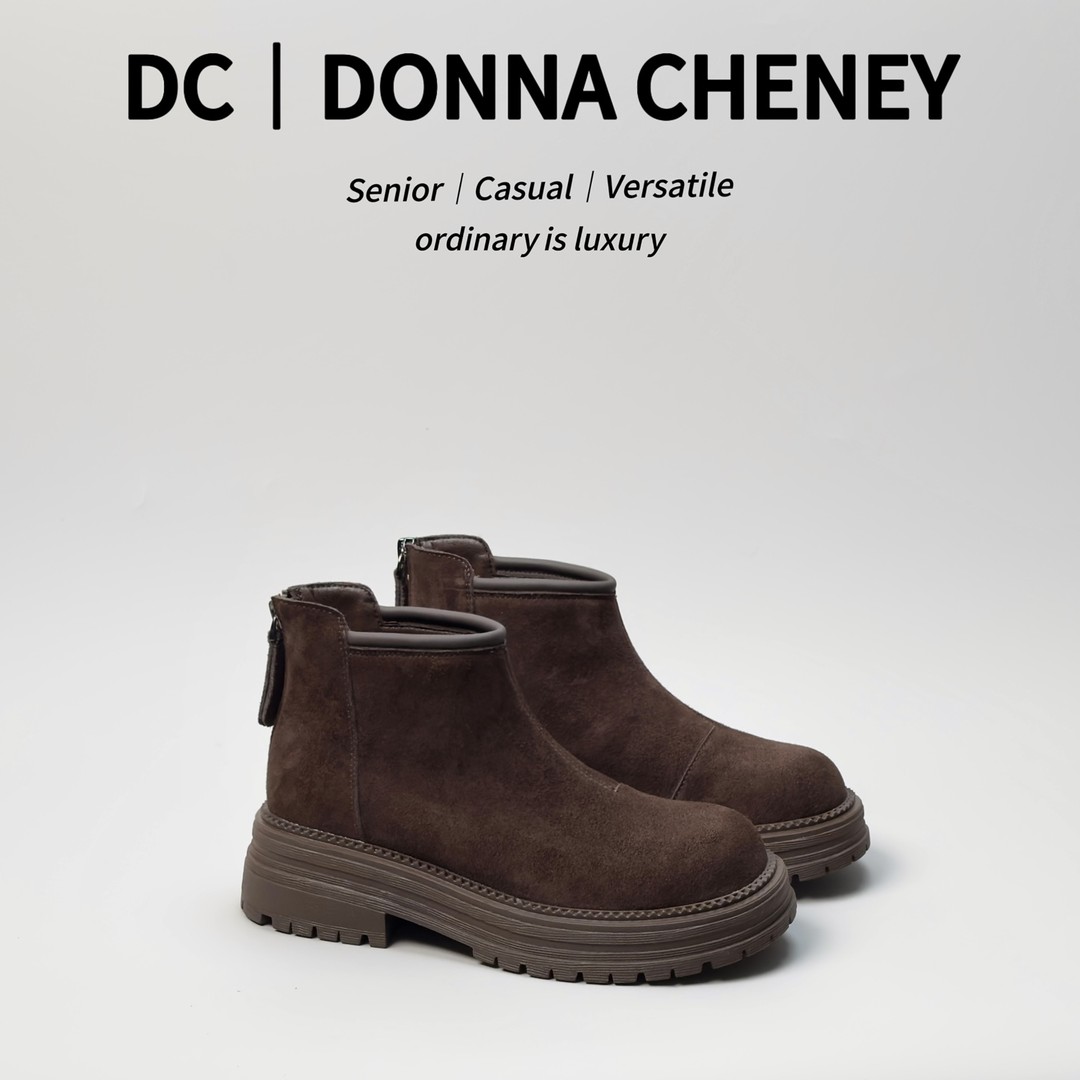 DONNA CHENEY秀气短靴2024秋冬款韩版简约复古加绒后拉链厚底裸靴主图