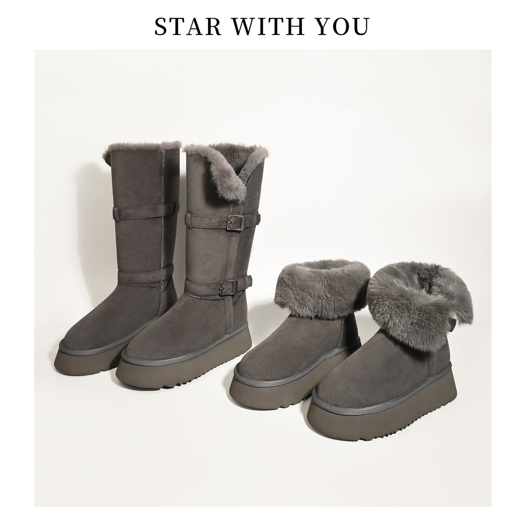 【STAR】冬季新款灰色厚底雪地靴时尚休闲加绒加厚大码女靴2/4cm主图